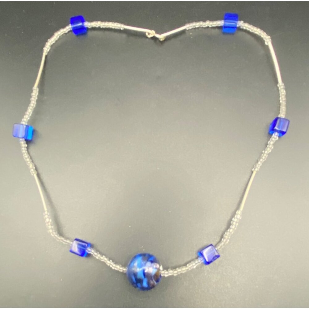 Sterling Silver 15" Necklace Artisan Cobalt Blue Art Glass Beads Minimalist Boho